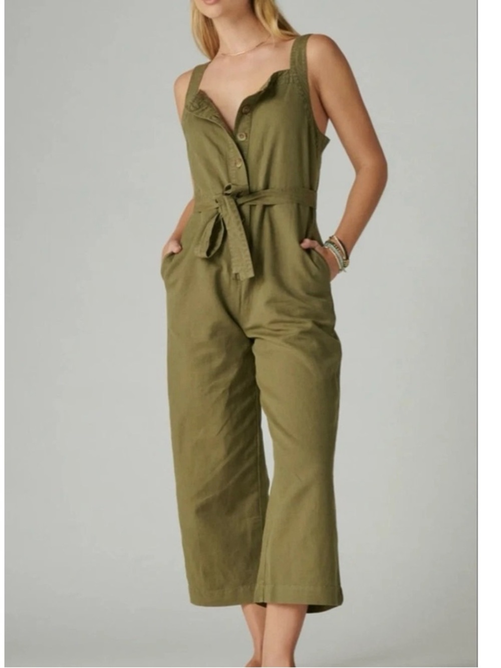 Lucky Brand Linen Blend Wide Leg Cropped Jumpsuit Size M Olive Green Belted NWT